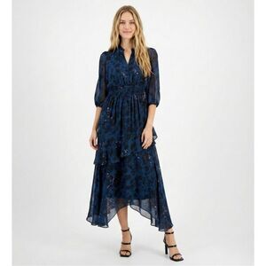 ⭐️ Taylor Navy Blue Floral Chiffon Ruffle Dress 4 NWOT Smocked Tiered Wedding